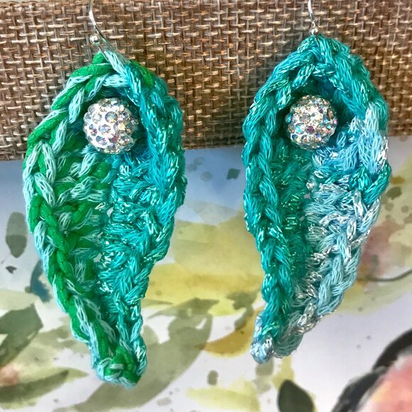 SUMMER LEAF EARRINGS Handmade Blue & Green Fiber with Rhinestone Beads - Picture 4 of 9